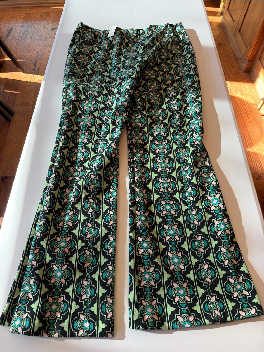 Anthropologie Green & Black Geometric Floral Wide-Leg Pants